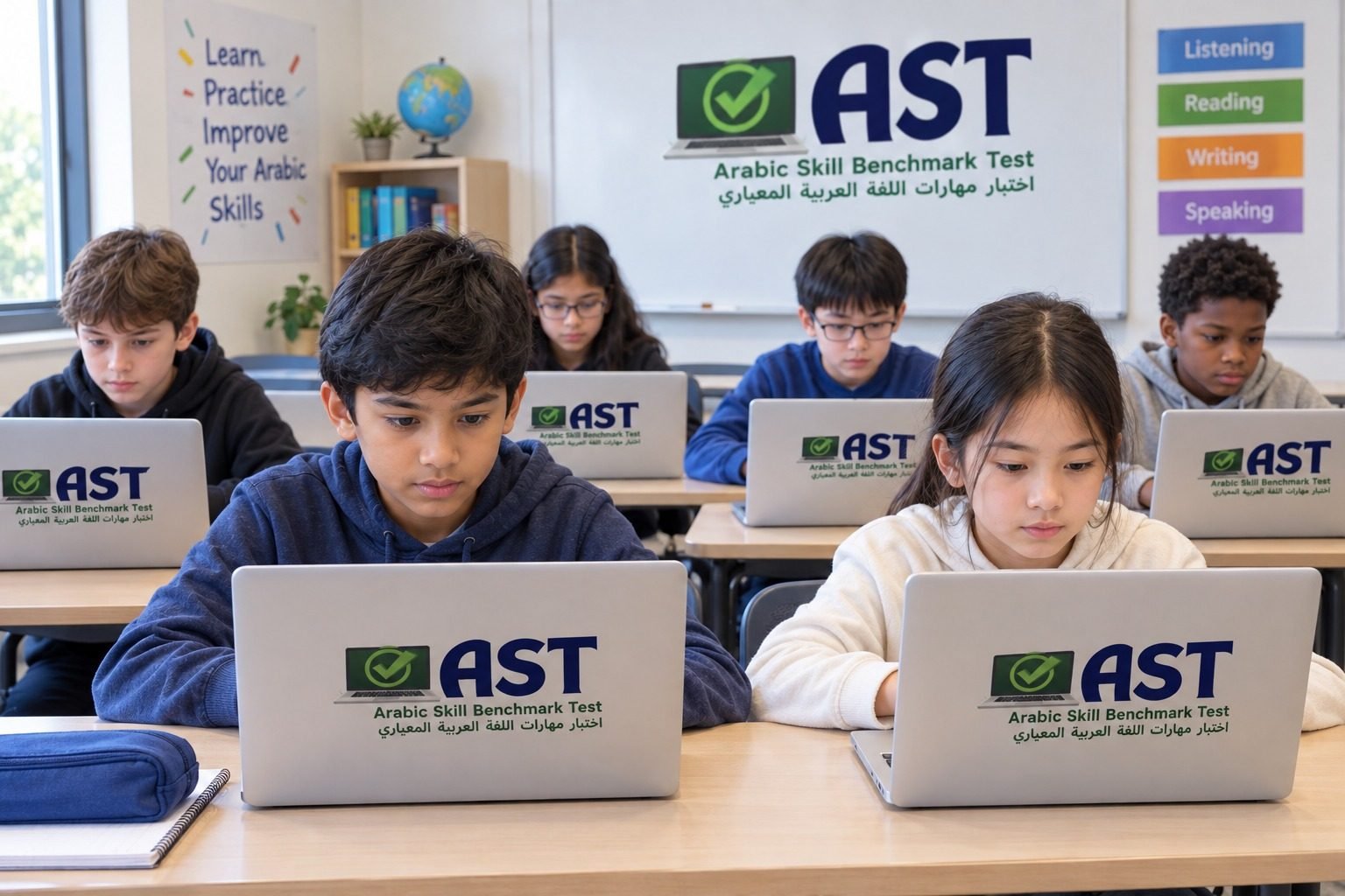 Students sitting the Arabic Skill Benchmark Test in a classroom